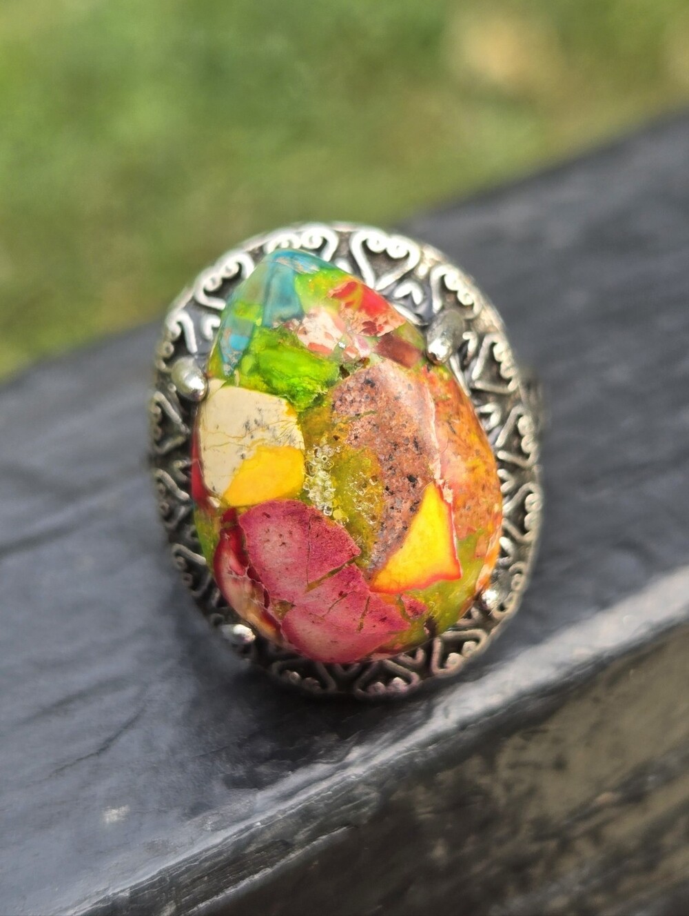 Multi-Color Jasper Mosaic Filigree Ring